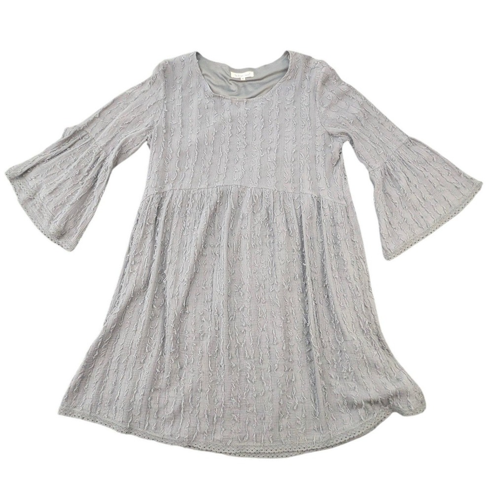 Indigo Soul Grey Textured Cotton Bell Sleeve Babydoll Mini Dress Size M Boho